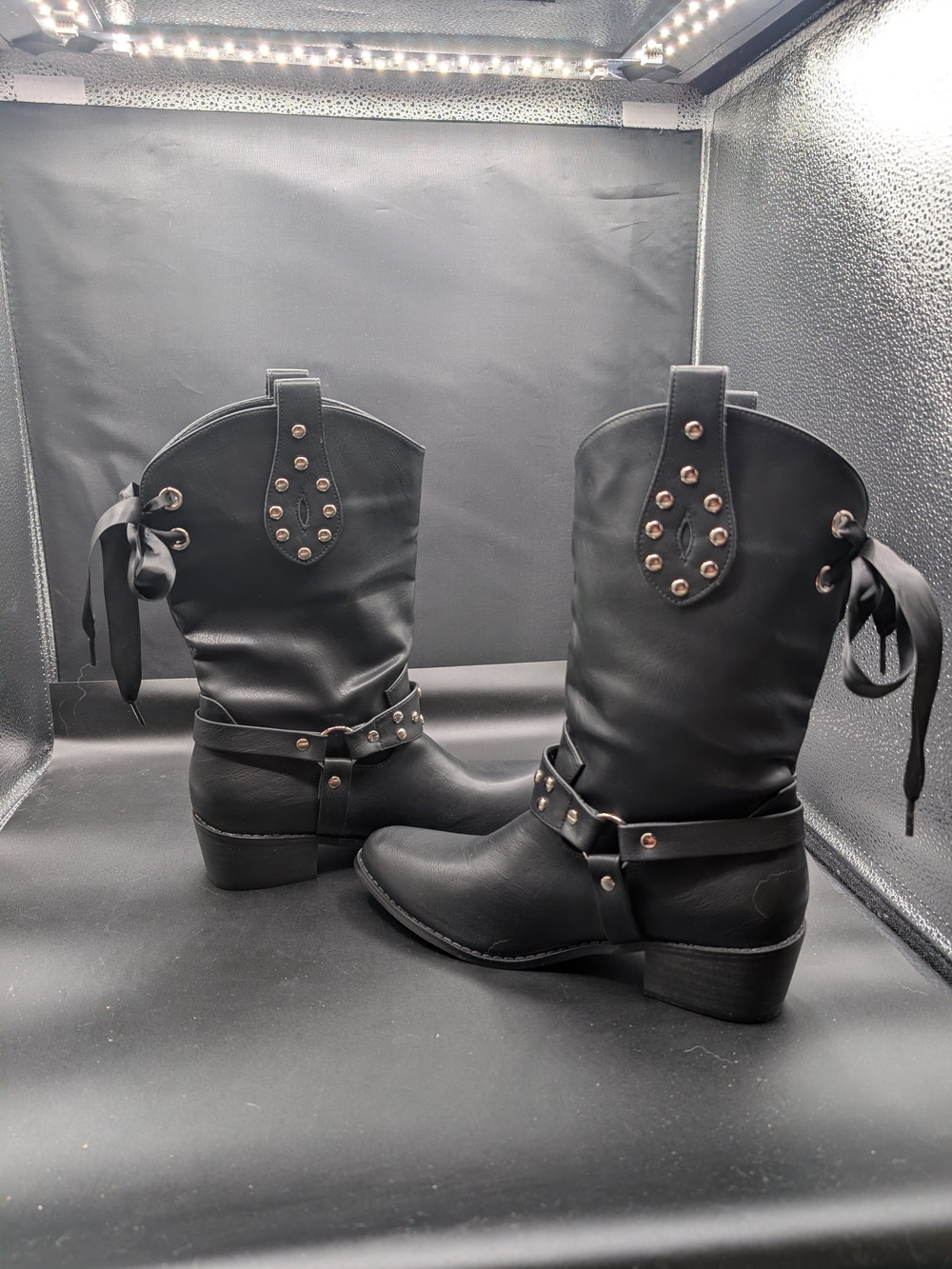 Black Women's Studded Western Boots - Stylish Mid-Calf Riding Boot